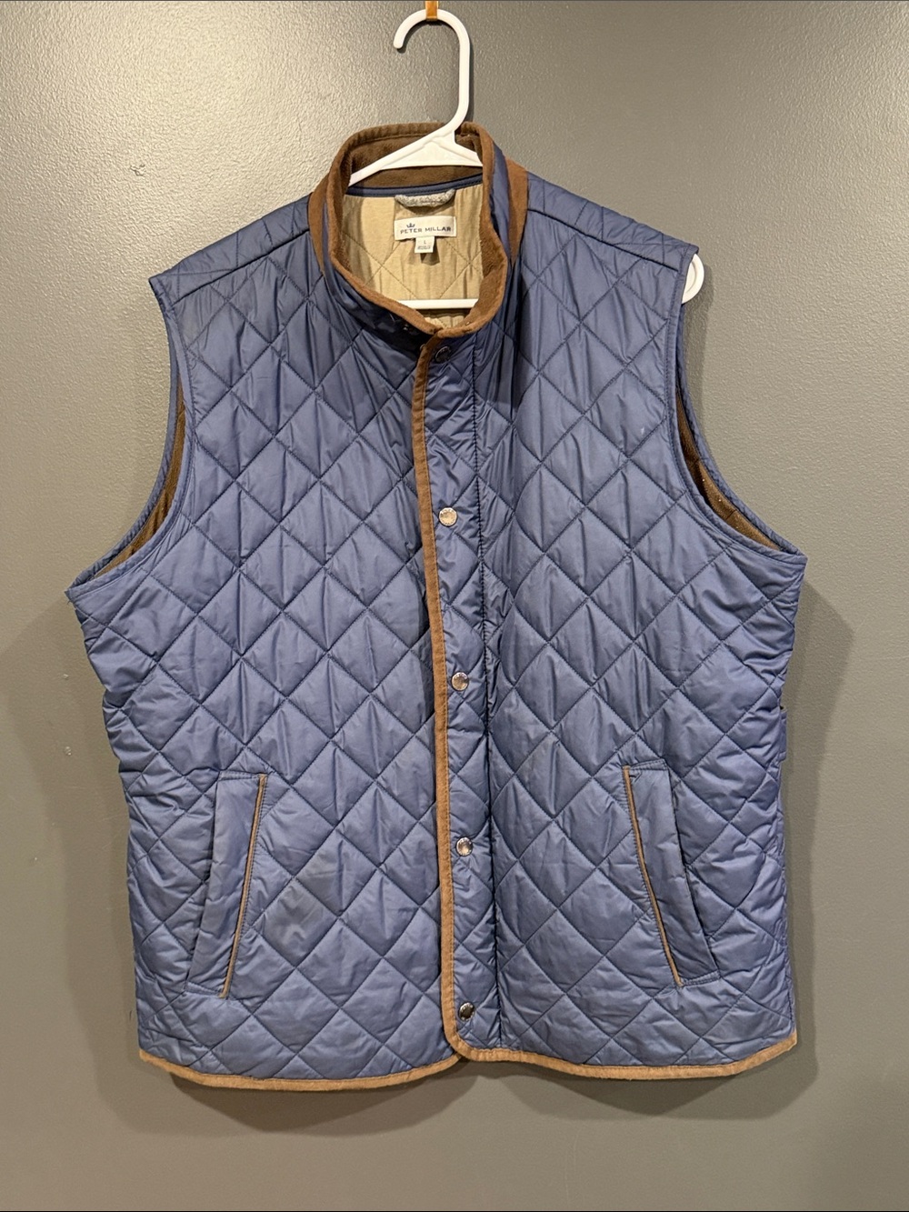 Peter Millar Quilted Blue Vest with Brown Trim Large